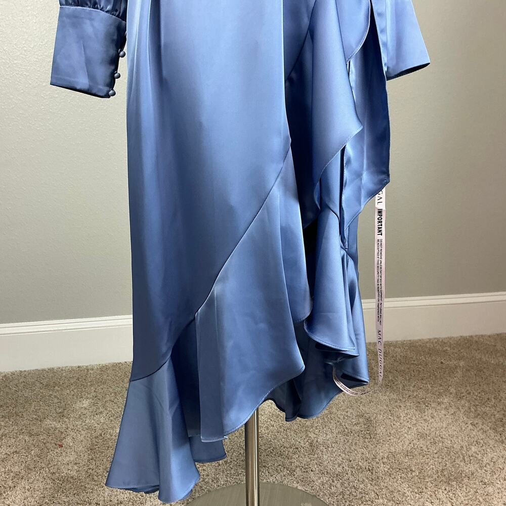 Mac Duggal 12506 Blue Wrap Cocktail Dress Satin Long Sleeve High Low Hem Size 8 - Picture 9 of 12